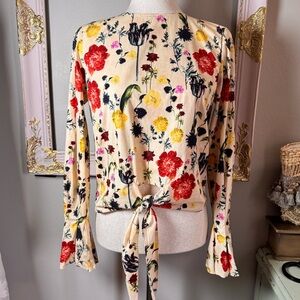H&M Floral Bell Sleeve Tie Front Crop Top